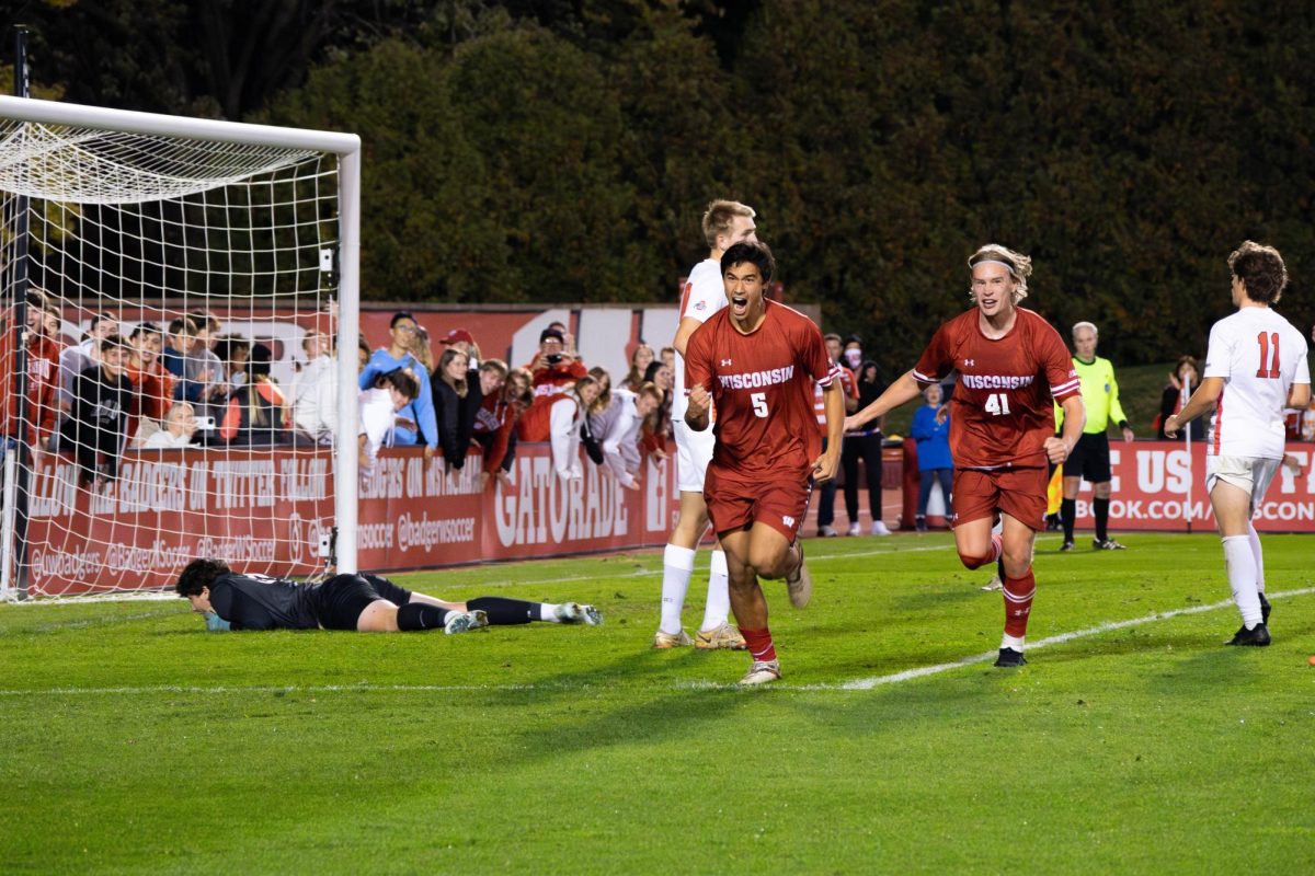 Ryan Quintos celebrates after scoring Badger's second goal in the 64th minute. October 19, 2024.