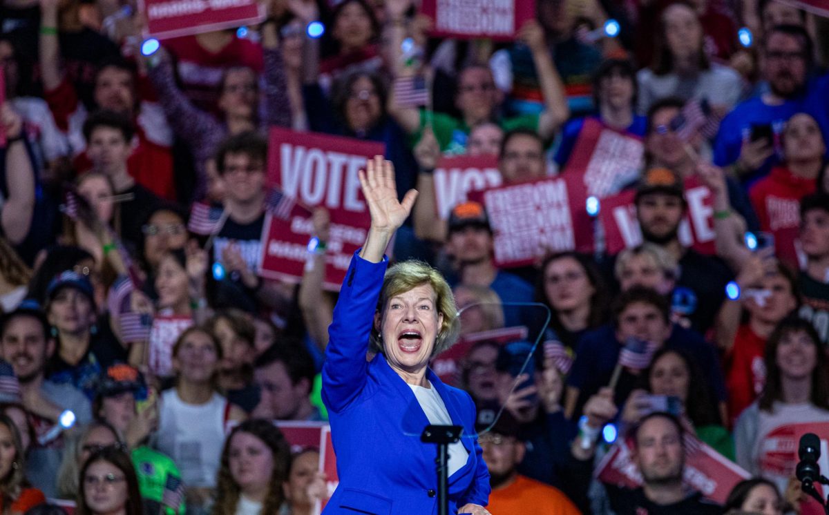 U.S. Senator Tammy Baldwin Enters the Stage at the Harris-Walz Campaign Rally in Madison. October 30, 2024.