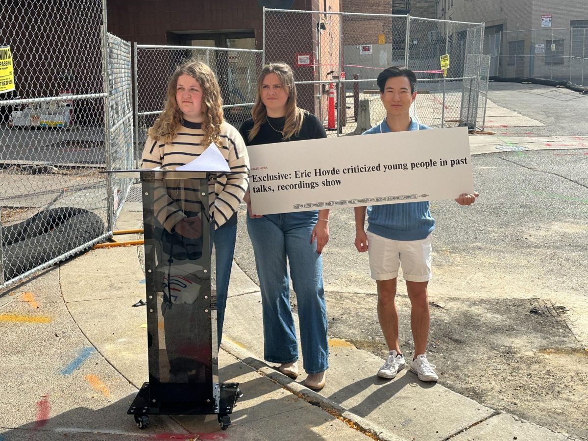 Members of UW-Madison College Democrats speak at a press conference outside the former location of Silver Dollar. October 11, 2024. 