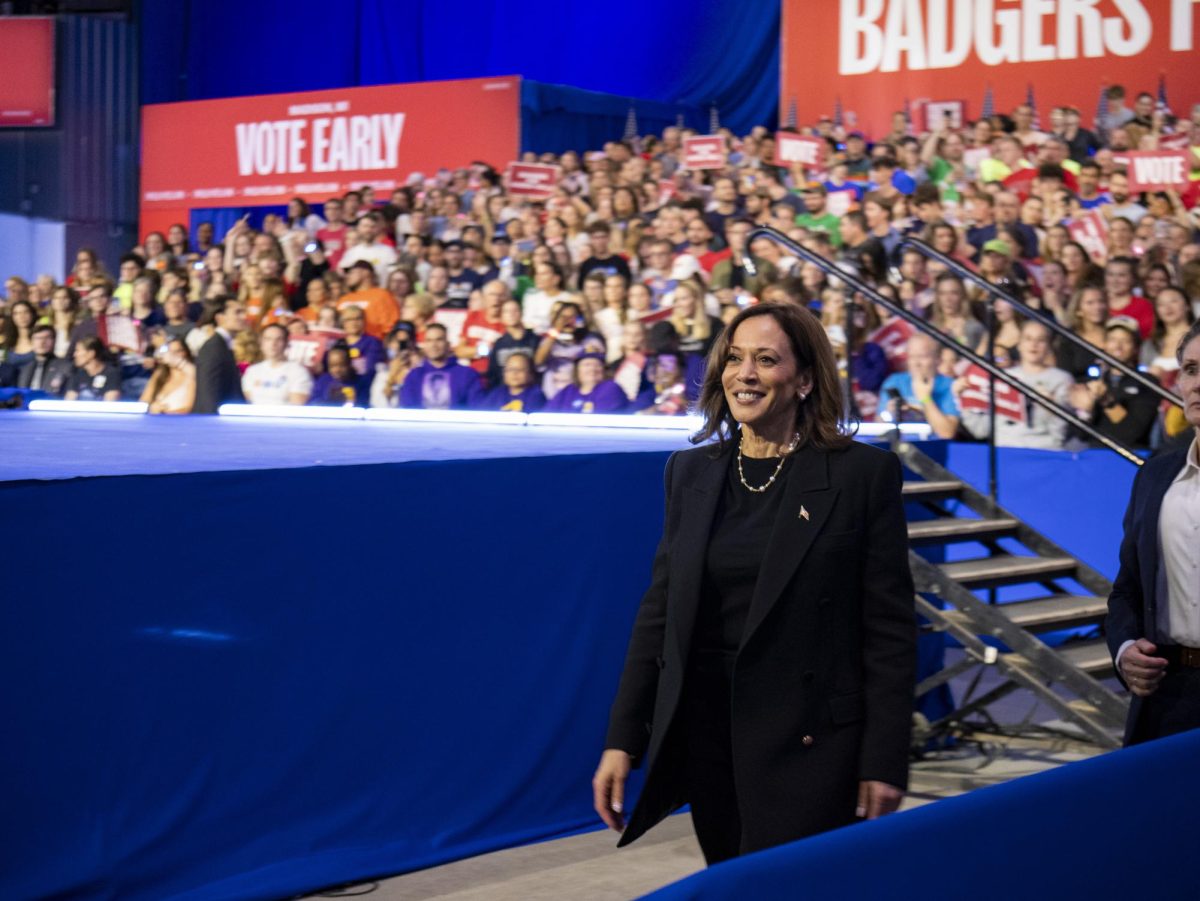 Kamala Harris walks off the stage at her rally. 