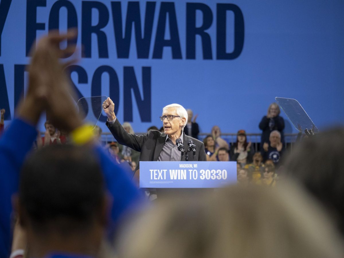 Tony Evers speaks at the Harris campaign event. 