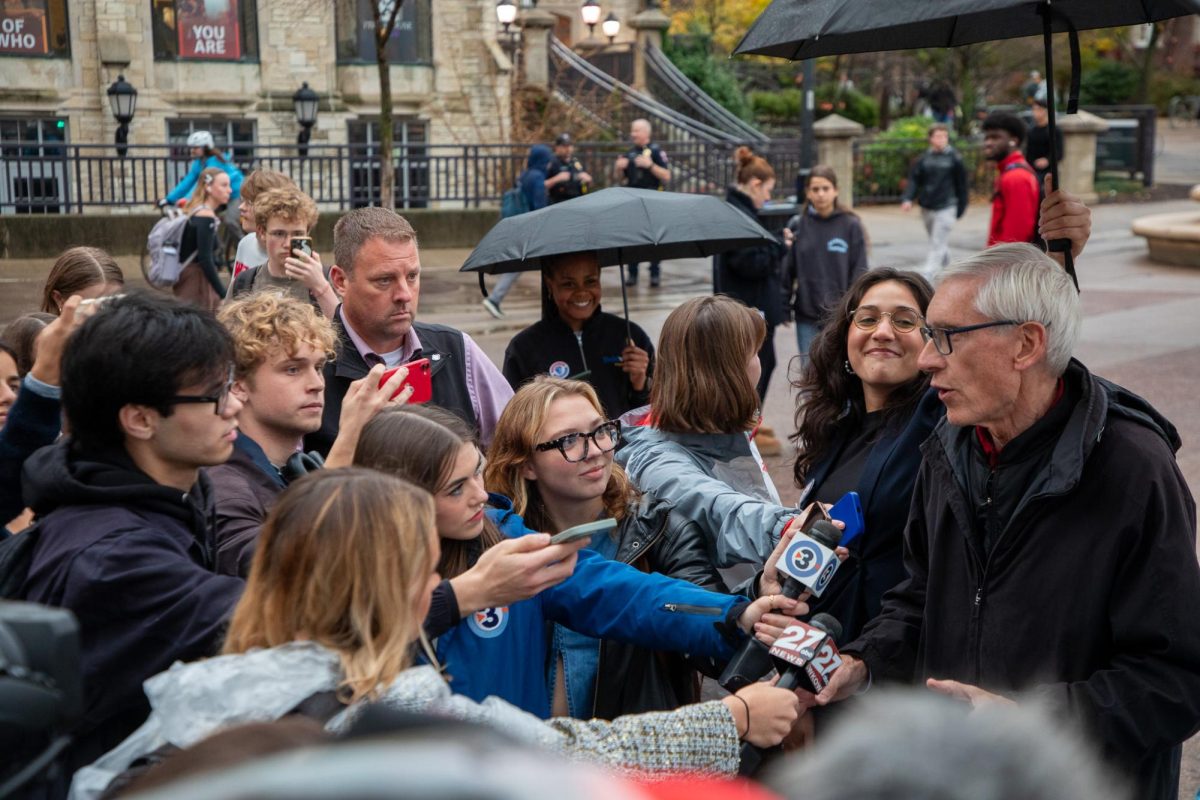 Wisconsin Governor Tony Evers and US Senator Tammy Baldwin Speak to the Media at Library Mall in Madison. November 5, 2024.