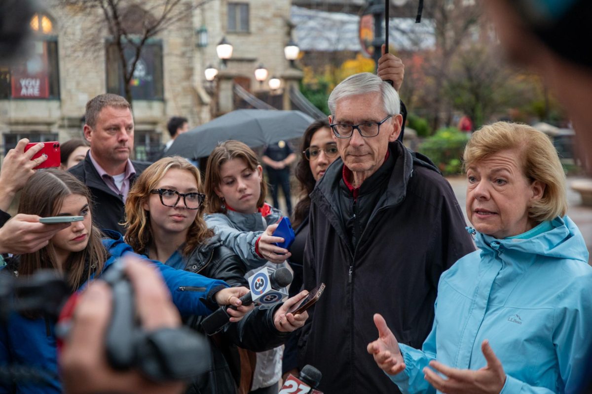 Wisconsin Governor Tony Evers and US Senator Tammy Baldwin Speak to the Media at Library Mall in Madison. November 5, 2024.