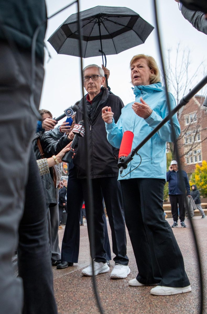 Wisconsin Governor Tony Evers and US Senator Tammy Baldwin Speak to the Media at Library Mall in Madison. November 5, 2024.