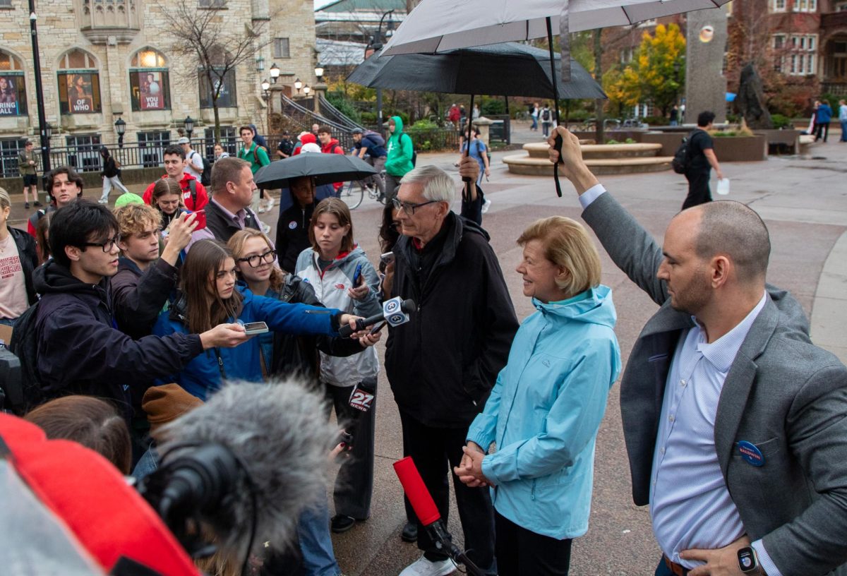 Wisconsin Governor Tony Evers and US Senator Tammy Baldwin Speak to the Media at Library Mall in Madison. November 5, 2024.