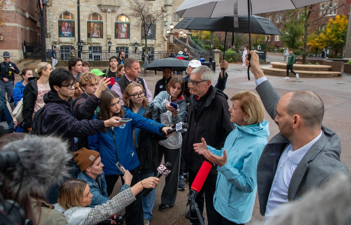 Wisconsin Governor Tony Evers and US Senator Tammy Baldwin Speak to the Media at Library Mall in Madison. November 5, 2024.