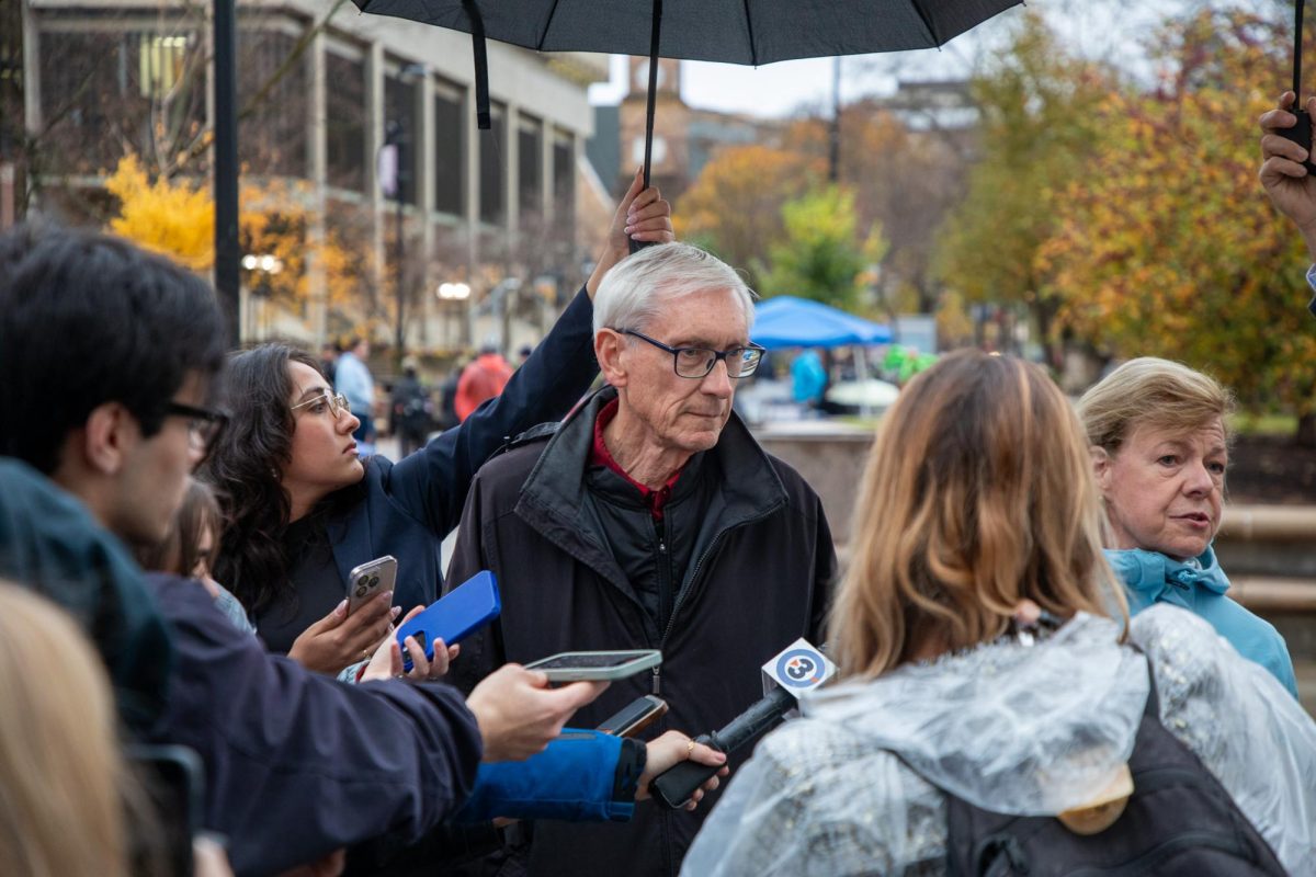 Wisconsin Governor Tony Evers and US Senator Tammy Baldwin Speak to the Media at Library Mall in Madison. November 5, 2024.