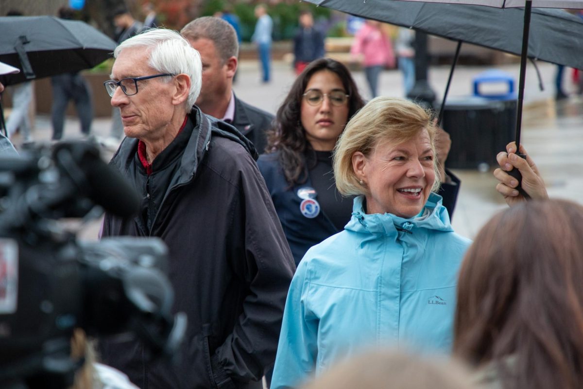 Wisconsin Governor Tony Evers and US Senator Tammy Baldwin Speak to the Media at Library Mall in Madison. November 5, 2024.