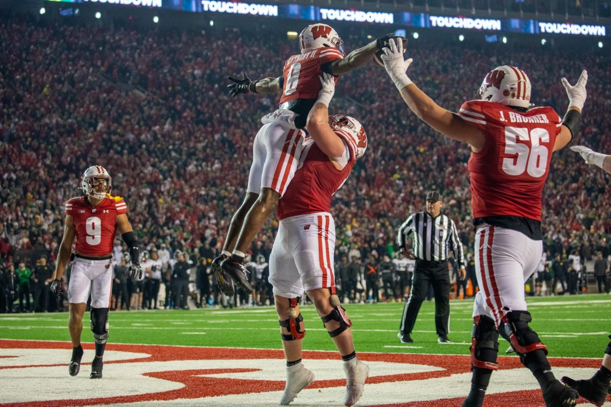 Wisconsin celebrates a touchdown against Oregon on Saturday. November 16, 2024.