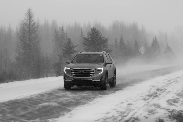 A car seen driving during a snow storm. February 18, 2022.