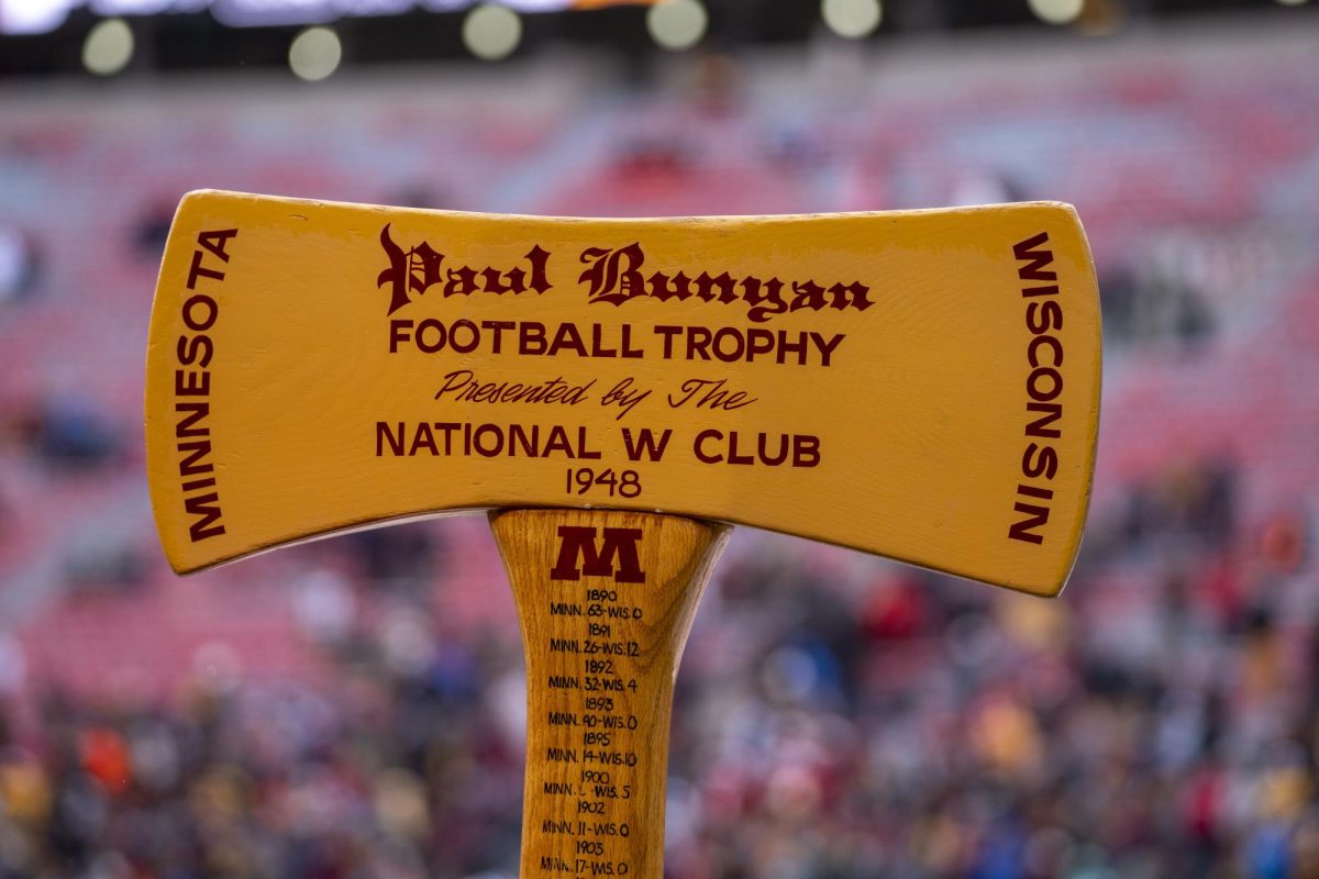 Paul Bunyan's axe, brought out before being given to Minnesota players. November 29, 2024.