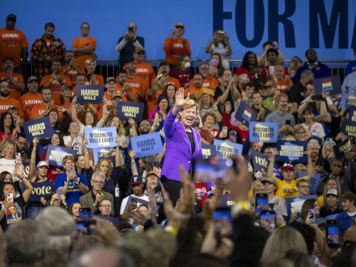 Tammy Baldwin at a Kamala Harris rally in Madison. October 22, 2024.