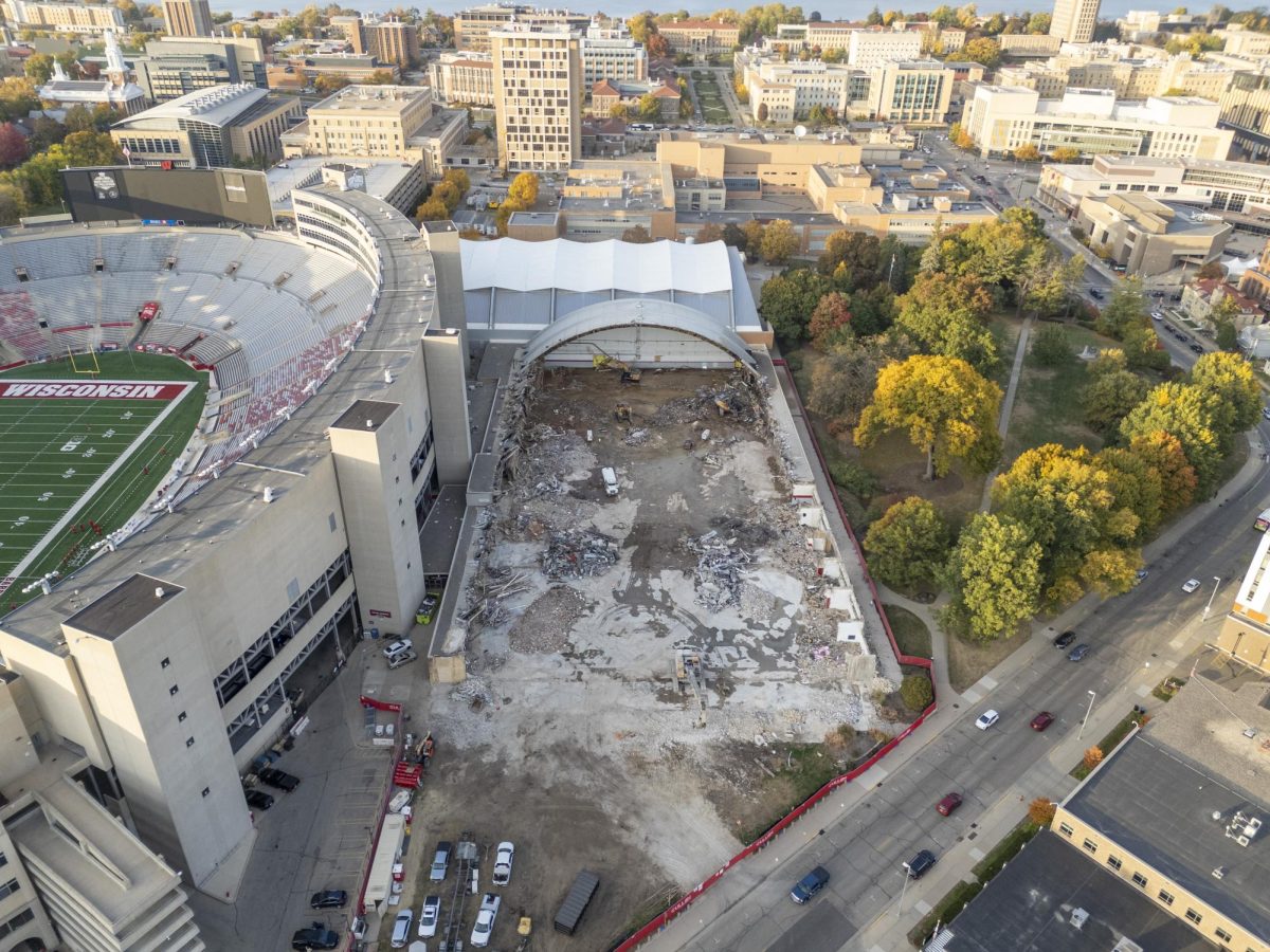 An aerial view of The Shell being demolished. October 21, 2024.