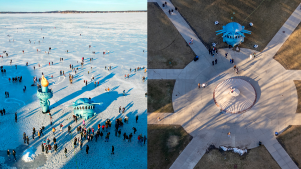 Winter Carnival hosted on Lake Mendota in February 2023 vs. Winter Carnival hosted on Library Mall in February 2024. 