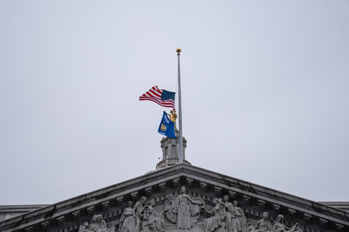 Flags at the Wisconsin State Capitol Building flown at half staff in honor of the victims of the Abundant Life Christian School shooting.