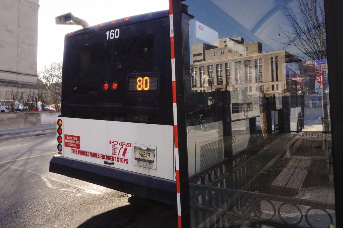 The 80 bus parked outside of Memorial Union. January 30, 2024.