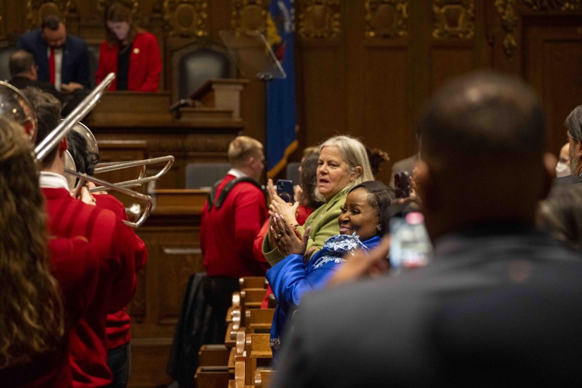 Assembly members applaud as the UW marching band performs at the end of the governor's address. January 22, 2025.