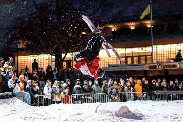 Skier attempts a backflip at Memorial Union's Winter Carnival "Rail Jam" event. February 8, 2025. 