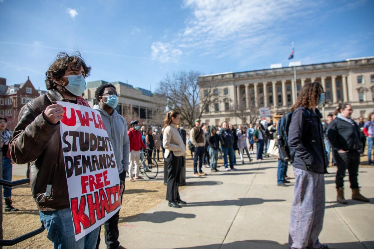 Protesters organize a walkout and rally at Library Mall for Mahmoud Khalil. March 11, 2025. 