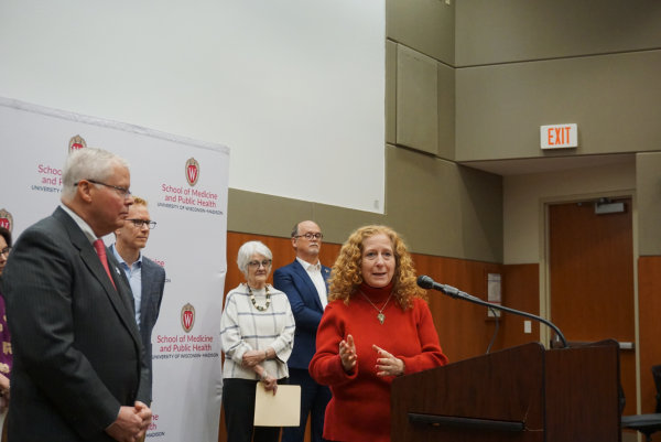 UW Chancellor Jennifer Mnookin speaks at the Madison Health Sciences Learning Center in defense of federally funded health research in Wisconsin. March 6, 2025. 
