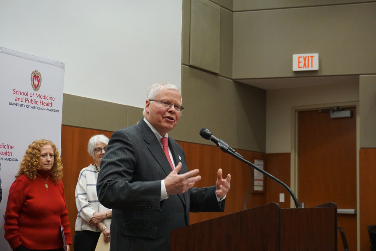 Universities of Wisconsin System President Jay Rothman speaks at the Madison Health Sciences Learning Center in defense of federally funded health research in Wisconsin. March 6, 2025. 