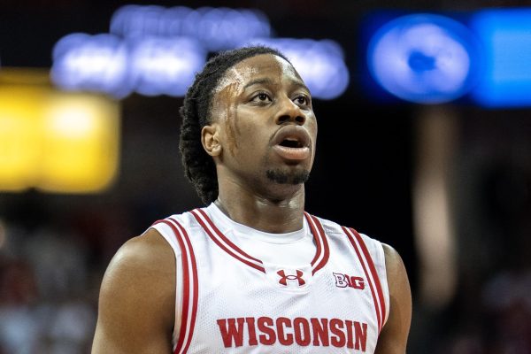 Badger Herald archival photo of John Blackwell preparing to shoot a penalty shot against Penn State. March 8, 2025. 