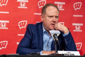Badger Herald archival photo of Greg Gard speaking at press conference after a loss to Penn State. March 8, 2025. 