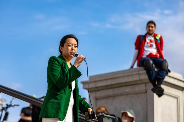 State Rep. Francesca Hong speaks on Earth Day in front of the Capitol building. April 22, 2025. 