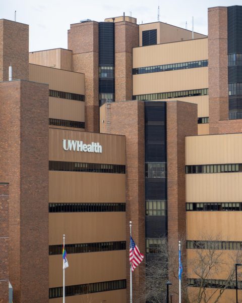 Exterior of the UW Health hospital. April 17, 2025.
