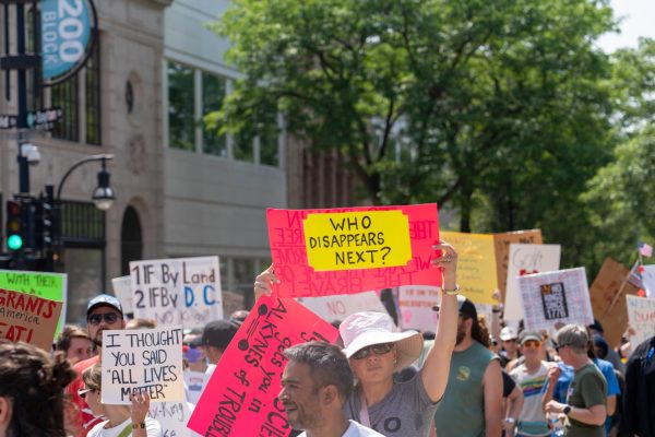 Protesters march from Library Mall to the state Capitol for "No Kings" rally. June 14, 2025.
