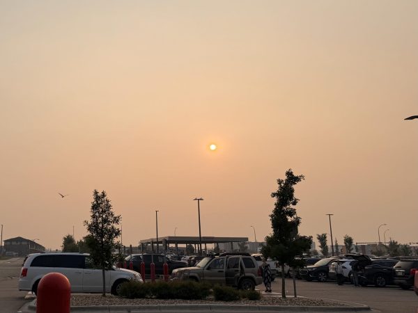 A Costco parking lot with an orange hazy sky with the sun in the middle.