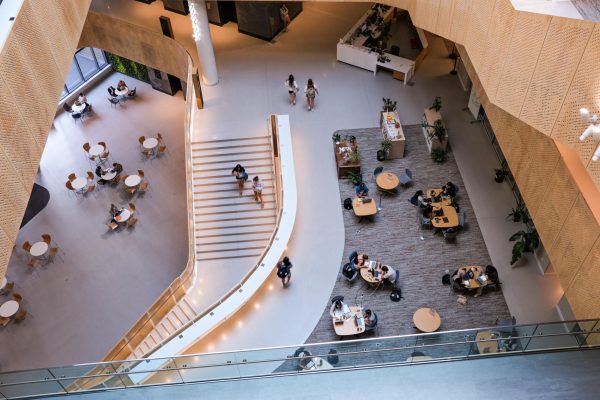 Students studying on different levels of Morgridge Hall, October 5th, 2025.