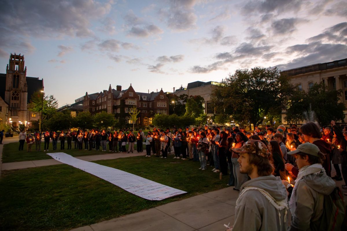 People gather at Library Mall to mourn Palestinians killed by the IDF in Gaza. October 7, 2025.