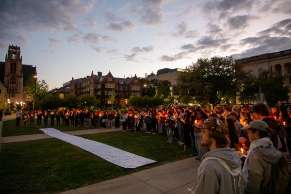 People gather at Library Mall to mourn Palestinians killed by the IDF in Gaza. October 7, 2025.