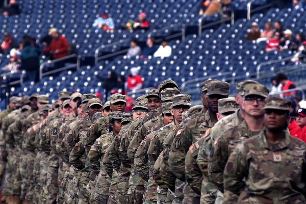 National Guard Soldiers and Airmen stand on the sidelines during pre-game festivities as part of the Washington Nationals’ match-up against the Philadelphia Phillies at Nationals Park stadium in Washington, D.C. April 5, 2024. 