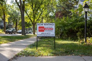 A "Now Renting!" sign in the historic university heights neighborhood. October 3, 2025.