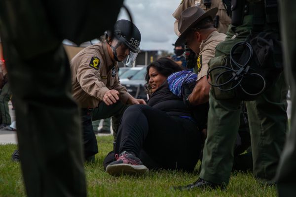 Illinois State Police arrest a protester outside the Broadview ICE facility after an anti-ICE demonstration. Officers detained individuals who remained after the enforced curfew. October 12, 2025.