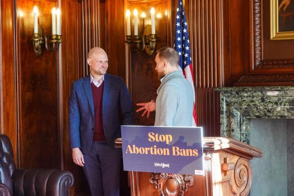 Rev. Tim Schaefer and others at a press conference on what would’ve been 53rd anniversary of Roe v. Wade in Senator Parlor. January 22, 2026.