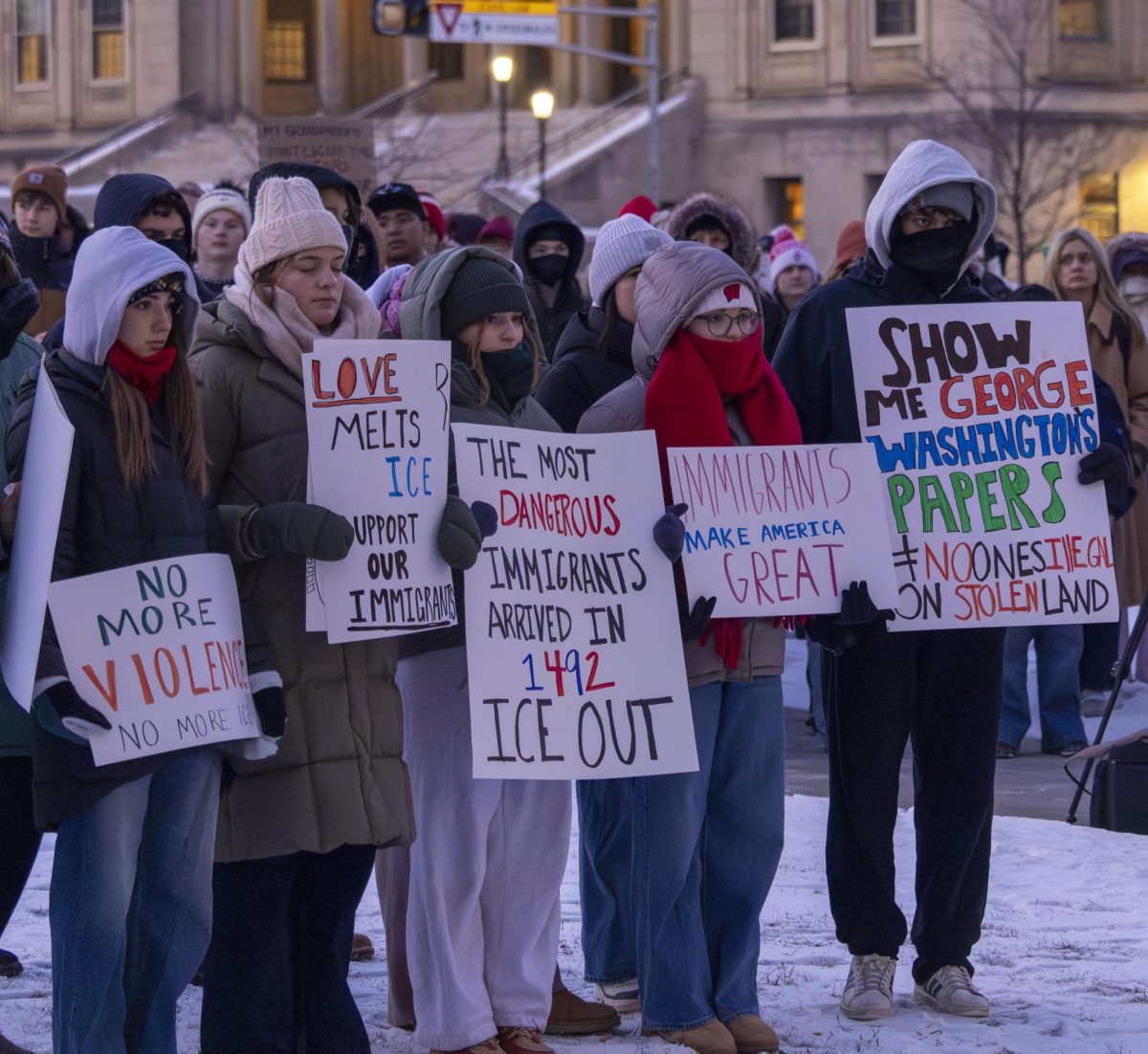 The people of Madison gather in library mall to protest ICE presence in the United States in below 0 temps January 27, 2025