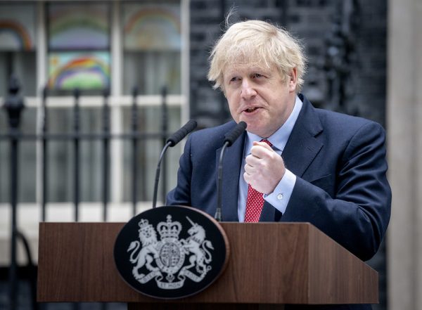 London, United Kingdom. UK Prime Minister Boris Johnson gives a statement outside 10 Downing Street, as he returns to work following recovering from Coronavirus at Chequers. Picture by Pippa Fowles.