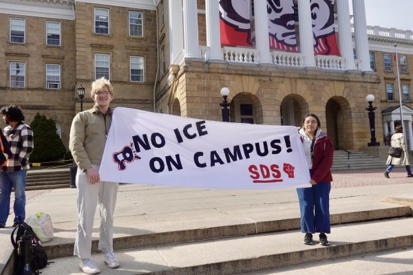 Protesters gathered around Bascom Hall Tuesday afternoon for the “No Flock! No ICE on Campus Rally." March 24, 2026.