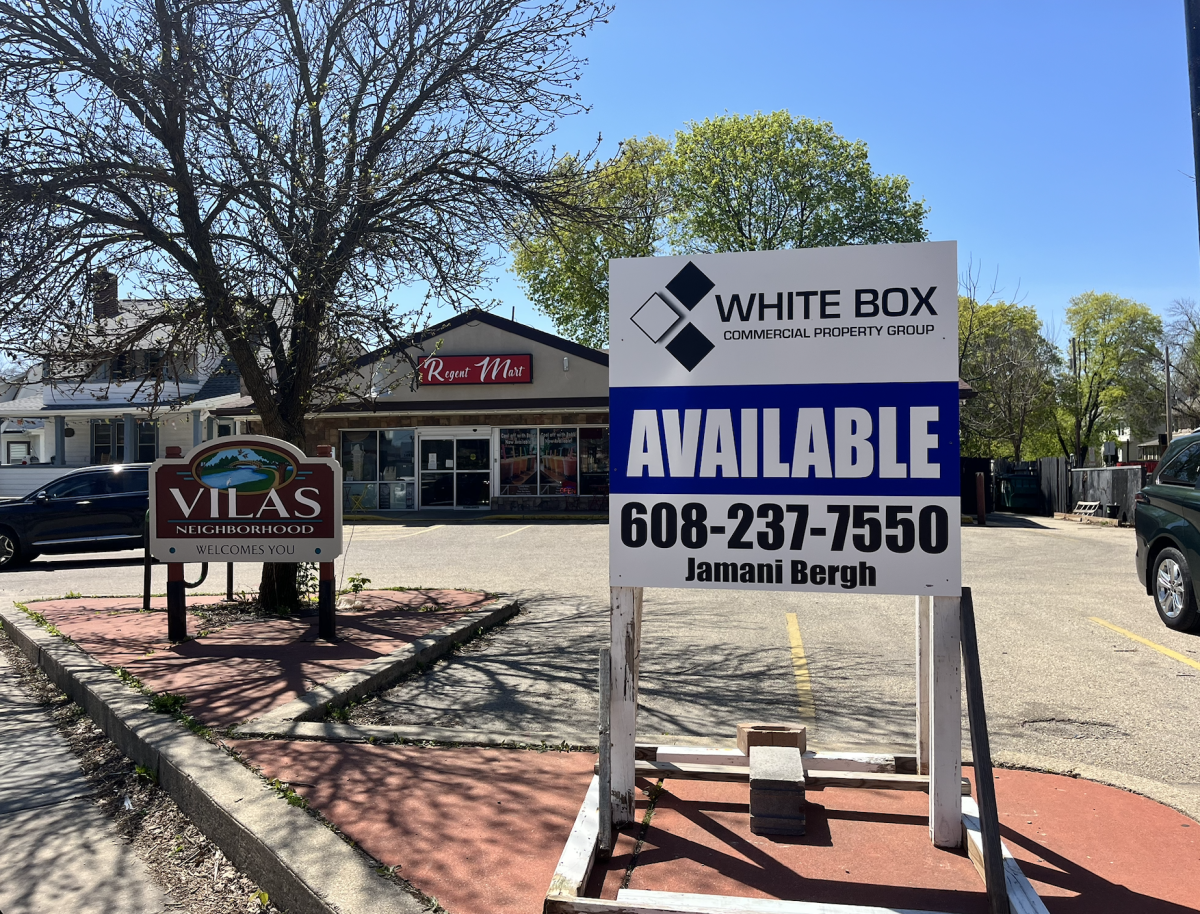 "Available" sign posted outside Regent Mart. April 22, 2026. 