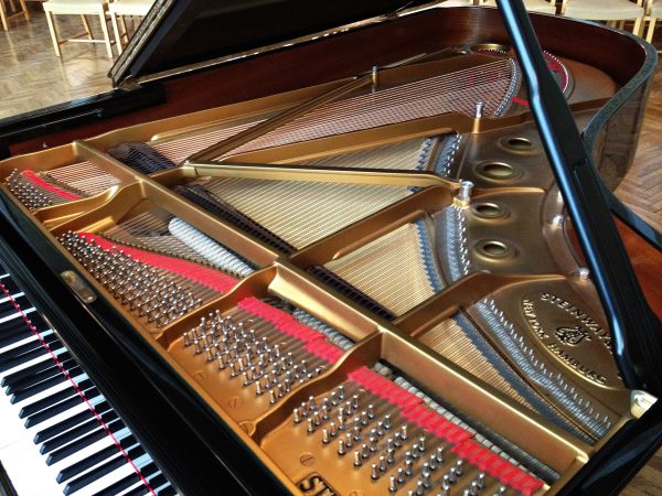 Interior of a Steinway grand piano, showing the strings, cast iron plate, soundboard and bridges. Photo from Wikimedia Commons. 